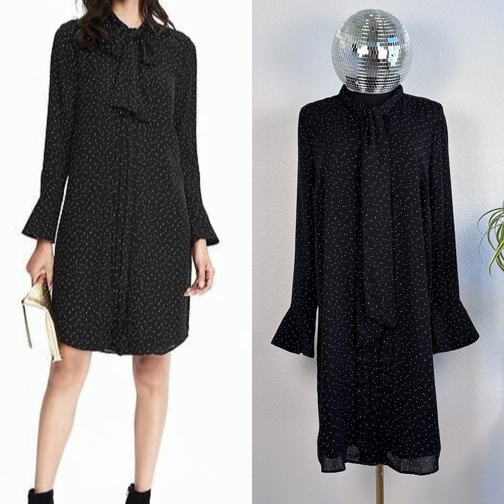 Banana Republic Black Polka Dot Tie Neck Shift Dress | Long Sleeve Medium Office